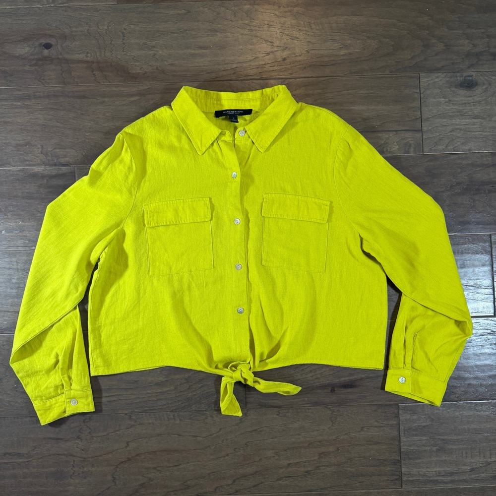 Marc New York Andrew Marc Lime Green‎ Linen Blend Tie Front Cropped Shirt Large